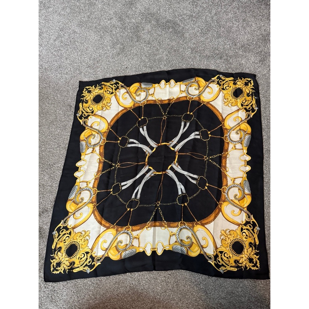 Black Gold Baroque Chain Print Square Bandana Headband Headwrap Scarf